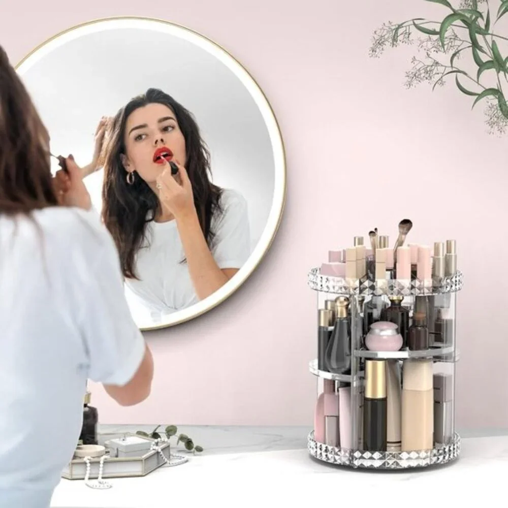 New 360° Rotating Makeup Organizer, Adjustable Clear Cosmetic Storage for Room
